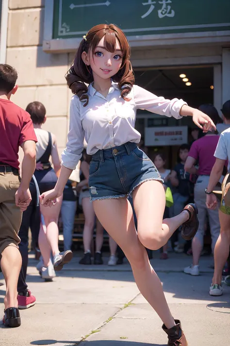 masterpiece, best quality,1girl,young girl,brown eyes,drill hair,earnest _facesmile,tan skin,(nice leg line:1.3),thin waist,huge breasts,
BREAK
, Teddy_bear_museum,
BREAK
around crowd:1.1,depth of field,looking at viewer,from below,full body