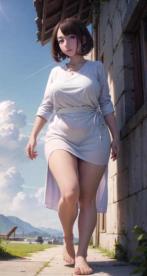 realistic1.49,photorealistic:1.49,film grain:0.4,(masterpiece),(intricate details),1girl,mature female,Shaggy cut,,pale skin,huge breasts:1.49,curious face
BREAK
wrap_dress,random color clothers,
thick thighs:1.3, plump:1.1,((barefoot,sole of the foot)),
BREAK
day,sun,rainbow,((cumulonimbus)),((walking on the anywhere)),
((portrait)),from below:1.2,depth of field,looking at viewer