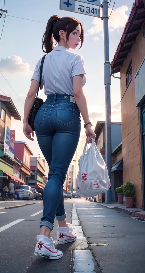 realistic1.49,photorealistic:1.49,film grain:0.4,(masterpiece),(intricate details),1girl,mature female,Neat ponytail,,pale skin,large breasts:1.49,curious face
BREAK
Bars,clubs,lounges,Stylishandtrendyoutfits,Socializing,dancing,enjoyingdrinksandmusicButton-downShirt,High-waistedJeans,AnkleFoldedSocks,Sneakers,CrossbodyBag,Shirt-Everlane,Jeans-Levi's,FoldedSocks-Nike,Shoes-Adidas,Bag-Fossil,random color clothers,
thick thighs:1.3, plump:1.1,((folded socks,converse)),
BREAK
day,sun,rainbow,((cumulonimbus)),((walking on the anywhere)),
((full body)),from behind:1.3,depth of field,looking at viewer