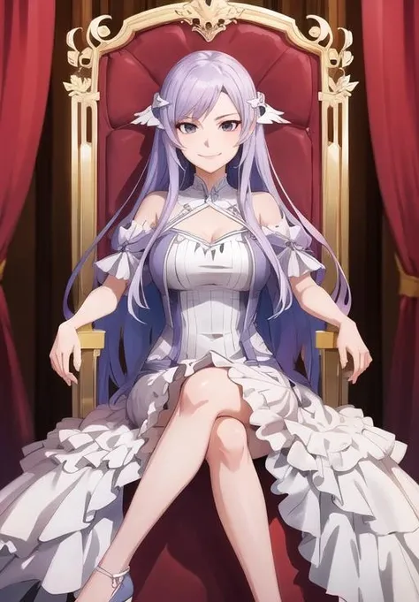 RH, 1girl, solo, portrait, evil grin, twintails, gold crown, blue princess frill ruffle dress, off shoulder, flat chested, legs crossed, throne room, perfect quality, good quality, masterpiece, HDR, UHD <lora:Ruri Hoshino:0.7>