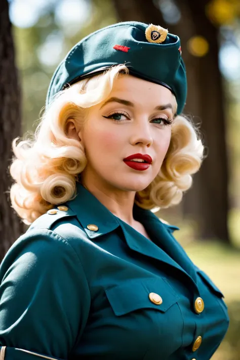 A professional 1950s photo of <lora:m2r1lm:0.8> marilyn monroe, golden blonde hair, dressed like a 1950s pinup soldier, 1950s female pinup soldier, 1950s clothing, 1950s outfit, 1950s pinup hairstyle, 1950s female pinup soldier hat, standing seductively with a ((seductive pouty smile)), (plump juicy kissable lips:1), twirling a lock of her hair around her finger, <lora:1.5_perfect hands:0.8> Perfect Hands, noise, wear and tear, depth of field, light scratches, sunbeam, raytracing,