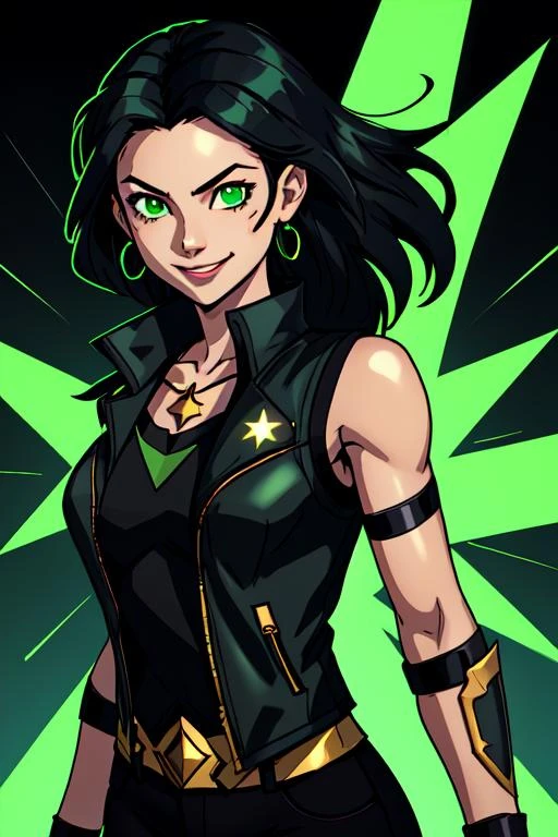 Duskfallcrew Art Style, solo, long hair, looking at viewer, smile, simple background,
shirt, black hair, 1girl, green eyes, jewelry, upper body, star (symbol), vest, black jacket, ring, wristband, green background, cropped torso,
<lora:Duskfallart_V5:0.4>