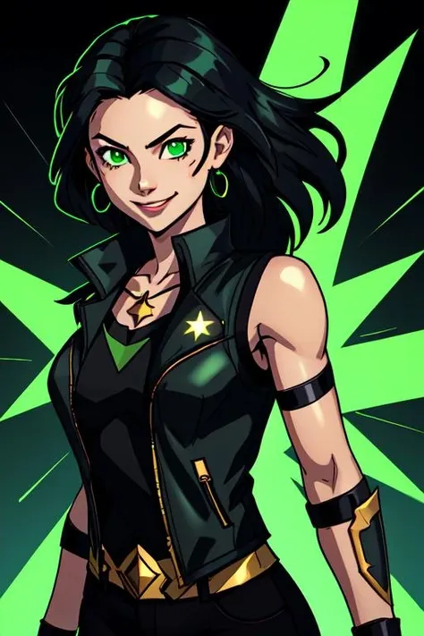 Duskfallcrew Art Style, solo, long hair, looking at viewer, smile, simple background, 
shirt, black hair,  1girl, green eyes, jewelry, upper body, star (symbol), vest, black jacket, ring, wristband, green background, cropped torso,
 <lora:Duskfallart_V5:0.4>