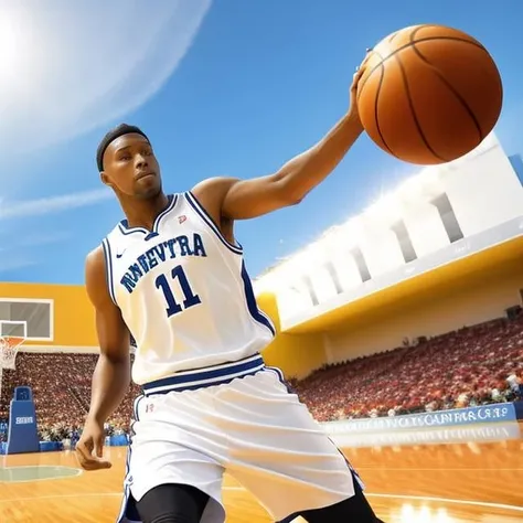 <lora:TRH77:1.05>man playing basketball , white sports uniform