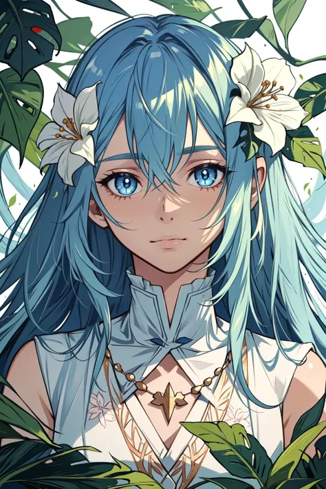 portrait, solo, upper body, looking at viewer, detailed background, detailed face, 1boy, Nymph, ethereal nature spirits, soothing blue eyes, hair that flows like leaves or water, adorned with flowers and natural elements, serene expression, caretakers of the natural world feeling of the image. <lora:AZovyaRPGArtistToolsLORAV2art:0.6>