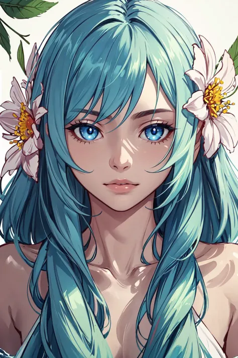 portrait, solo, upper body, looking at viewer, detailed background, detailed face, 1boy, Nymph, ethereal nature spirits, soothing blue eyes, hair that flows like leaves or water, adorned with flowers and natural elements, serene expression, caretakers of the natural world feeling of the image. <lora:sd-No.410cover:0.2>