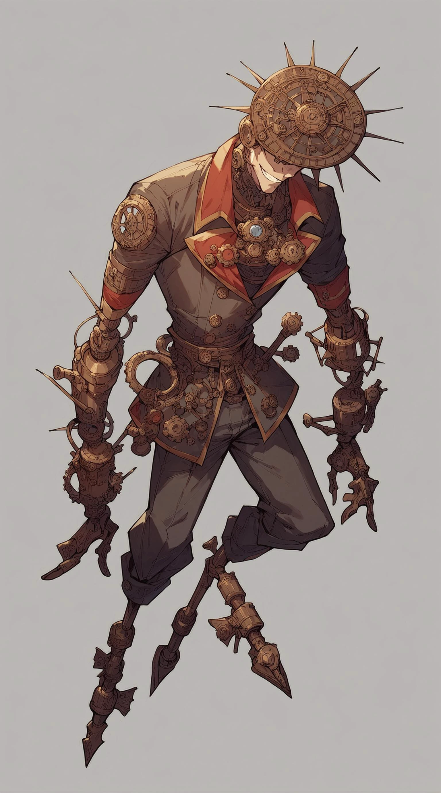 Steampunk style score_9,score_8_up,score_7_up,score_6_up,score_5_up,score_4_up,<lora:ryoji_ohara_Final_Fantasy_Brave_Exvius_ArtStyle:1>grey background,solo,full body. ,1boy,colourful,pink,blue,black,red,trippy,. Antique,mechanical,brass and copper tones,gears,intricate,detailed,