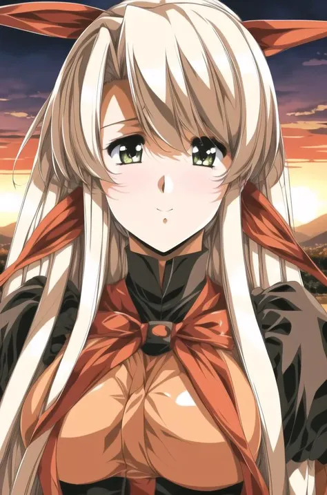 Outdoor,sunset, twilight,, Castle,red_sky,sunlight, sunrise, backlighting,cloud, cloudy_sky,mountainous_horizon, orange_sky,
Standing at attention,(Close-Up),
black shirt,red_bow, ribbon, scarf,long_sleeves,
<lora:Faye_Front_Innocent-KK77-V1:0.7>,
blonde hair,green_eyes,long_hair,hair_ribbon,hair_between_eyes,bangs,
1 girl, 20yo,mature female,Beautiful Finger,Beautiful long legs,Beautiful body,Beautiful Nose,Beautiful character design, perfect eyes, perfect face,
looking at viewer,
NSFW,official art,extremely detailed CG unity 8k wallpaper, perfect lighting,Colorful, Bright_Front_face_Lighting,
(masterpiece:1.0),(best_quality:1.0), ultra high res,4K,ultra-detailed,
photography, 8K, HDR, highres, absurdres:1.2, Kodak portra 400, film grain, blurry background, bokeh:1.2, lens flare, (vibrant_color:1.2)
(Beautiful,large_Breasts:1.4), (beautiful_face:1.5),(narrow_waist),