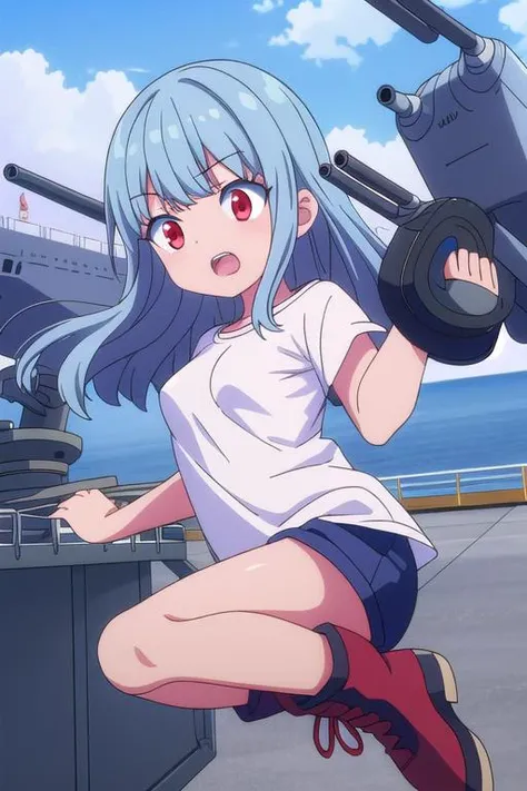 ultra-detailed,masterpiece,best quality,1girl,anime screencap<lora:gridman_offset:0.7>close up,outdoor,aircraft carrier deck,lightblue longhair,blunt bangs,red eyes,small breasts,happy,smile,dynamic pose,oversized t-shirt,text,navy short pants,ocher short boots <lora:add_detail:1>