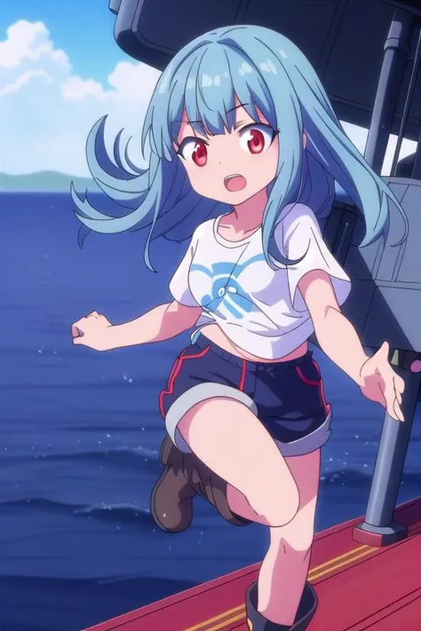 ultra-detailed,masterpiece,best quality,1girl,anime screencap<lora:gridman_offset:0.7>close up,outdoor,aircraft carrier deck,lightblue longhair,blunt bangs,red eyes,small breasts,teeth,open mouth,dynamic pose,oversized t-shirt,text,navy short pants,ocher short boots