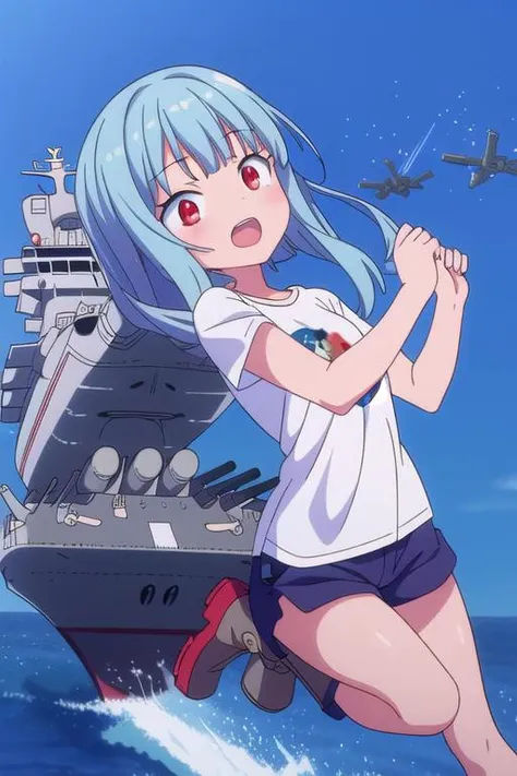 ultra-detailed,masterpiece,best quality,1girl,anime screencap<lora:gridman_offset:0.7>close up,outdoor,aircraft carrier deck,lightblue longhair,blunt bangs,red eyes,small breasts,teeth,open mouth,dynamic pose,oversized t-shirt,text,navy short pants,ocher short boots