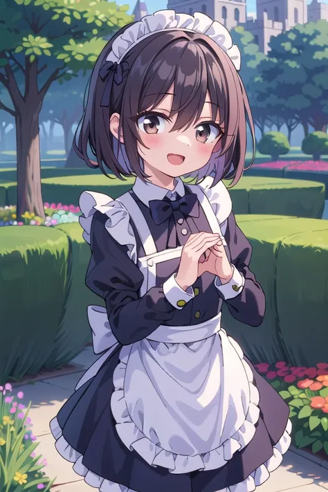 insanely detailed, absurdres, ultra-highres, ultra-detailed, best quality,
1girl, solo, nice hands, perfect hands
BREAK
(cleavage:-1.5),
(traditional maid:1.2),
apron, blush, bow, bowtie, frilled apron, frills, long sleeves, maid, maid apron, maid headdress, waist apron, white apron,
(maid costume, maid hair dress:1.3), long skirt
BREAK
happy smile, laugh, open mouth
BREAK
,
standing, cowboy shot, looking at viewer
BREAK
slender, kawaii, perfect symmetrical face, ultra cute girl, ultra cute face, ultra detailed eyes, ultra detailed hair, ultra cute, ultra beautiful
BREAK
fantasy world, garden of a castle, depth of field, ultra detailed background
BREAK
medium breasts
BREAK
(brown hair, brown eyes), short bob cut, hair between eyes