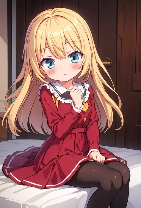 (masterpiece, best quality), 1girl, blonde hair, red dress, pantyhose, cute face, blush,