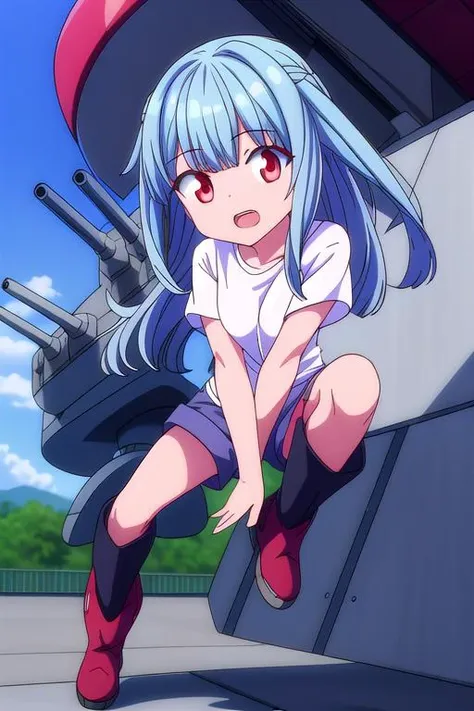 ultra-detailed,masterpiece,best quality,1girl,anime screencap<lora:gridman_offset:0.7>close up,outdoor,aircraft carrier deck,lightblue longhair,blunt bangs,red eyes,small breasts,teeth,open mouth,dynamic pose,oversized t-shirt,text,navy short pants,ocher short boots <lora:hyperdetailer_v080:0.5>
