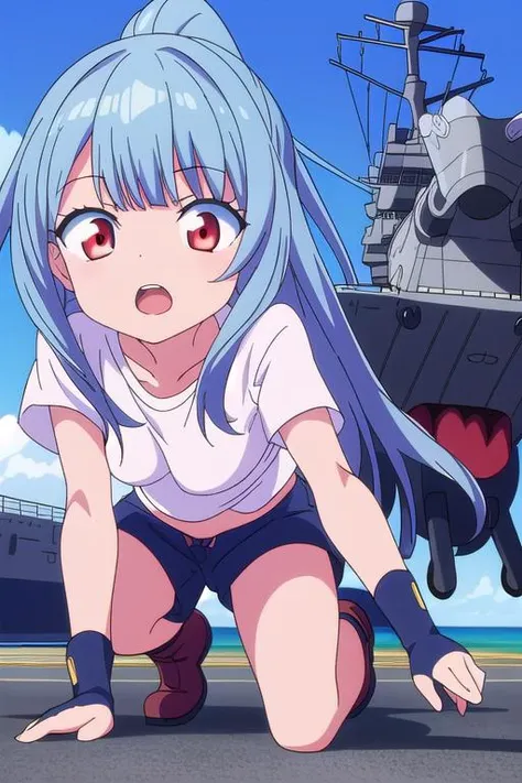 ultra-detailed,masterpiece,best quality,1girl,anime screencap<lora:gridman_offset:0.7>close up,outdoor,aircraft carrier deck,lightblue longhair,blunt bangs,red eyes,small breasts,teeth,open mouth,dynamic pose,oversized t-shirt,text,navy short pants,ocher short boots