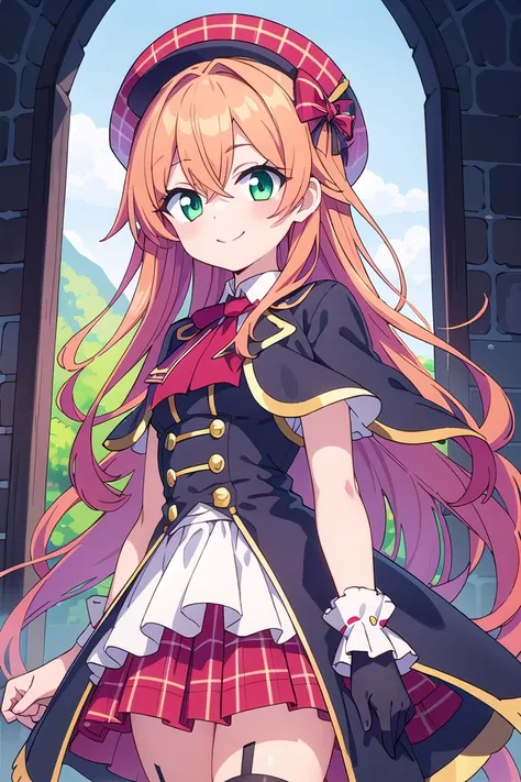 insanely detailed, absurdres, ultra-highres, ultra-detailed, best quality,
1girl, solo, nice hands, perfect hands
BREAK
(nsfw:-1.5),
(gothic drress, Idol costume:1.3), (red and white theme:1.2), (white blouse:1.4), (white collar, tie:1.3), (open short-cape:1.3), (short sleeve:1.2), (red tartan-check pattern (ruffle-skirt, multilayer-skirt):1.4), (white basque-beret with ribbon:1.3), (Fishnet stockings:1.3), (glove:1.2), (cleavage:-1.5)
BREAK
happy smile, laugh, closed mouth,
from below,
cute pose, cowboy shot, looking at viewer
BREAK
slender, kawaii, perfect symmetrical face, ultra cute girl, ultra cute face, ultra detailed eyes, ultra detailed hair, ultra cute, ultra beautiful
BREAK
on hilltop, mountainscape, mountain,
depth of field, ultra detailed background,
(very wide, panorama view, sense of depth, magnificent view:1.3)
BREAK
medium large breasts
BREAK
(orange hair, green eyes), long hair, hair between eyes