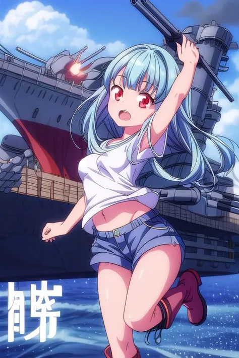 ultra-detailed,masterpiece,best quality,1girl,anime screencap<lora:gridman_offset:0.7>close up,outdoor,aircraft carrier deck,lightblue longhair,blunt bangs,red eyes,small breasts,teeth,open mouth,dynamic pose,oversized t-shirt,text,navy short pants,ocher short boots <lora:add_detail:1>