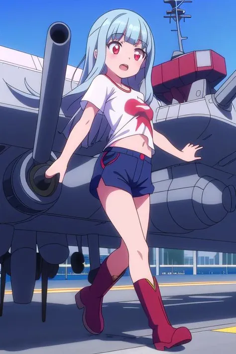 ultra-detailed,masterpiece,best quality,1girl,anime screencap<lora:gridman_offset:0.7>close up,outdoor,aircraft carrier deck,lightblue longhair,blunt bangs,red eyes,small breasts,teeth,open mouth,dynamic pose,oversized t-shirt,text,navy short pants,ocher short boots