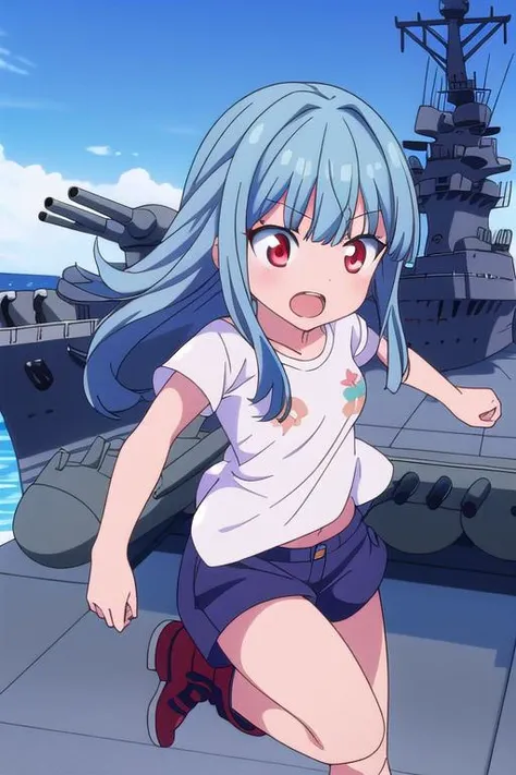 ultra-detailed,masterpiece,best quality,1girl,anime screencap<lora:gridman_offset:0.7>close up,outdoor,aircraft carrier deck,lightblue longhair,blunt bangs,red eyes,small breasts,teeth,open mouth,dynamic pose,oversized t-shirt,text,navy short pants,ocher short boots