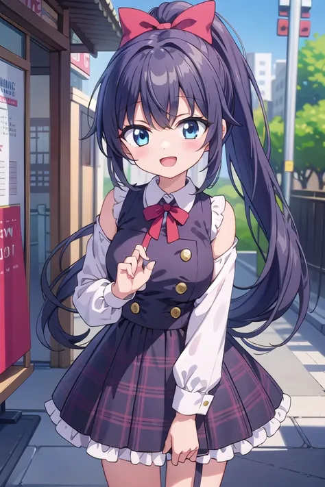 insanely detailed, absurdres, ultra-highres, ultra-detailed, best quality,
1girl, solo, nice hands, perfect hands
BREAK
jirai kei,plaid skirt, shirt, long sleeves, bow, blue skirt, white shoulder frilly shirt, outdoors, blue bow, long hair
, (cleavage:-1.5)
BREAK
happy smile, laugh, open mouth
BREAK
45 angle,
standing, cowboy shot, looking at viewer
BREAK
slender, kawaii, perfect symmetrical face, ultra cute girl, ultra cute face, ultra detailed eyes, ultra detailed hair, ultra cute, ultra beautiful
BREAK
in japanese street, cityscape in japan, depth of field, ultra detailed background
BREAK
large breasts
BREAK
black hair, black eyes, ponytail,