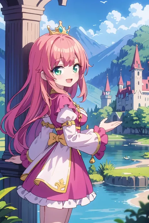 insanely detailed, absurdres, ultra-highres, ultra-detailed, best quality,
1 girl, solo, nice hands, perfect hands,
BREAK,
(wearing princess dress), teara,
happy smile, laugh, open mouth,
standing,
from side, cowboy shot, looking at viewer,
BREAK,
slender, kawaii, perfect symmetrical face, ultra cute girl, ultra cute face, ultra detailed eyes, ultra detailed hair, ultra cute, ultra beautiful,
BREAK,
fantasy world, (castle in background, lake:1.3), (very wide, panorama view, sense of depth, magnificent view:1.3)
BREAK,
princess girl, pink hair, green eyes, medium breasts