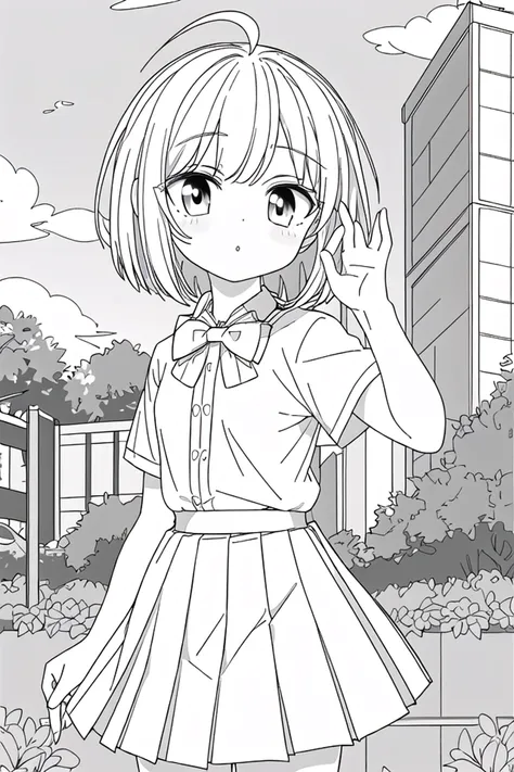 masterpiece, best quality, 1girl, solo, long_hair, looking_at_viewer, monochrome, lineart,
<lora:animeLineartMangaLike_v30MangaLike:0.8>,
in schoolyard, summer school uniform with bowtie, (shirt:1.4), (pleated skirt:1.3), (bowtie:1.4), short sleeves,, (short bob cut), (single ahoge),