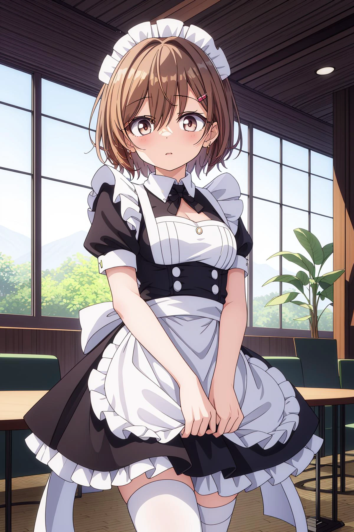 (best quality, highres, masterpiece:1.2), (future japan, japanese:1), (1girl, woman, Tsundere face:1.1), (philosophical maid, wearing maid costume:1), (two-tone_eyes:1), (brown_hair, medium_hair, spiked_hair:1), (midweight body:1), (on top of picturesque lobby:1.1),