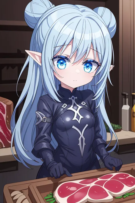(best quality, highres, masterpiece:1.2), (feudal fantasy world, darkelf, blue_skin:1), (1girl, woman, shaded_face:1.1), (curious thief, wearing black leather outfit:1), (crazy_eyes:1), (blue_hair, long_hair, hair_bun:1), (fit body:1), (in soothing butchery:1.1),