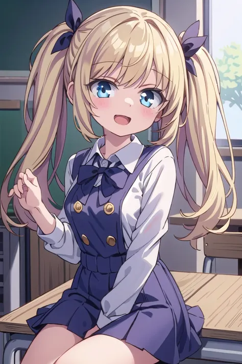 insanely detailed, absurdres, ultra-highres, ultra-detailed, best quality,
1 girl, solo, nice hands, perfect hands,
BREAK,
wearing summer school uniform,
evil smile, open mouth,
sitting,
45 angle, cowboy shot, looking at viewer,
BREAK,
slender, kawaii, perfect symmetrical face, ultra cute girl, ultra cute face, ultra detailed eyes, ultra detailed hair, ultra cute, ultra beautiful
BREAK,
indoors, in classroom,
blonde hair, twintails, blue eyes