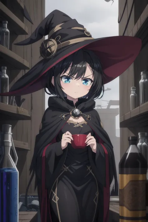 (best quality, highres, masterpiece:1.2), (postapocalyptic northern europe, scandinavian, norse:1), (1girl, woman, serious face:1.1), (genuine witch, wearing witch costume:1), (eye_focus:1), (black_hair, short_hair, hair_bun:1), (slender body:1), (on ugly chemical lab:1.1),