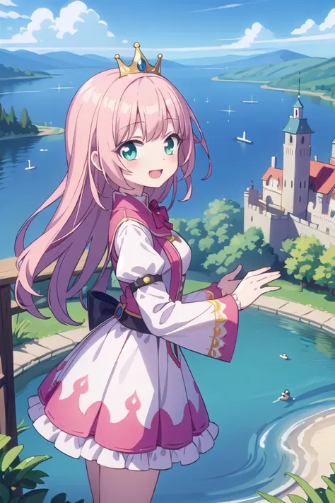 insanely detailed, absurdres, ultra-highres, ultra-detailed, best quality,
1 girl, solo, nice hands, perfect hands,
BREAK,
(wearing princess dress), teara,
happy smile, laugh, open mouth,
standing,
from side, cowboy shot, looking at viewer,
BREAK,
slender, kawaii, perfect symmetrical face, ultra cute girl, ultra cute face, ultra detailed eyes, ultra detailed hair, ultra cute, ultra beautiful,
BREAK,
fantasy world, (castle in background, lake:1.3), (very wide, panorama view, sense of depth, magnificent view:1.3)
BREAK,
princess girl, pink hair, green eyes, medium breasts