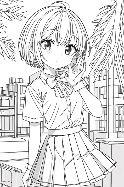 masterpiece, best quality, 1girl, solo, long_hair, looking_at_viewer, monochrome, lineart,
<lora:animeLineartMangaLike_v30MangaLike:0.8>,
in schoolyard, summer school uniform with bowtie, (shirt:1.4), (pleated skirt:1.3), (bowtie:1.4), short sleeves,, (short bob cut), (single ahoge),