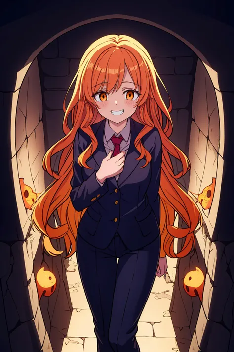 (best quality, highres, masterpiece:1.2), (apocalyptic germany, german:1), (1girl, adult woman, giggling:1.1), (extroverted professor, wearing corduroy suit:1), (orange_eyes:1), (gradient_hair, very_long_hair, wavy_hair:1), (fit body:1), (above picturesque catacombs:1.1),