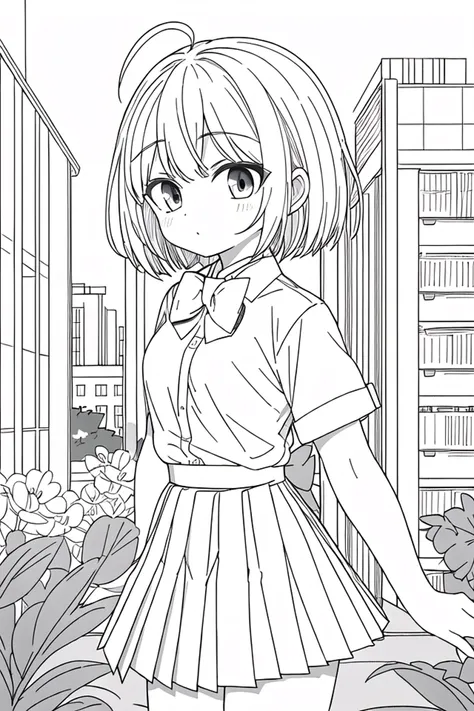 masterpiece, best quality, 1girl, solo, long_hair, looking_at_viewer, monochrome, lineart,
<lora:animeLineartMangaLike_v30MangaLike:0.8>,
in schoolyard, summer school uniform with bowtie, (shirt:1.4), (pleated skirt:1.3), (bowtie:1.4), short sleeves,, (short bob cut), (single ahoge),