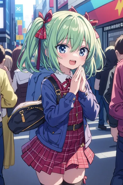insanely detailed, absurdres, ultra-highres, ultra-detailed, best quality,
1girl, solo, nice hands, perfect hands,
BREAK
(lanky,gothic dress,nylon clothes,denim dress,saddle jacket,red tartan-check pleated skirt,frilled legwear,sneakers:1.2),
BREAK
happy smile, laugh, open mouth, standing,
45 angle,
cute pose, cowboy shot,
BREAK
slender, kawaii, perfect symmetrical face, ultra cute girl, ultra cute face, ultra detailed eyes, ultra detailed hair, ultra cute, ultra beautiful,
BREAK
in harajuku, shibuya, tokyo, street, crowd, cityscape,
BREAK
medium breasts,(cleavage:-1.5),
(green hair, black eyes), hair between eyes