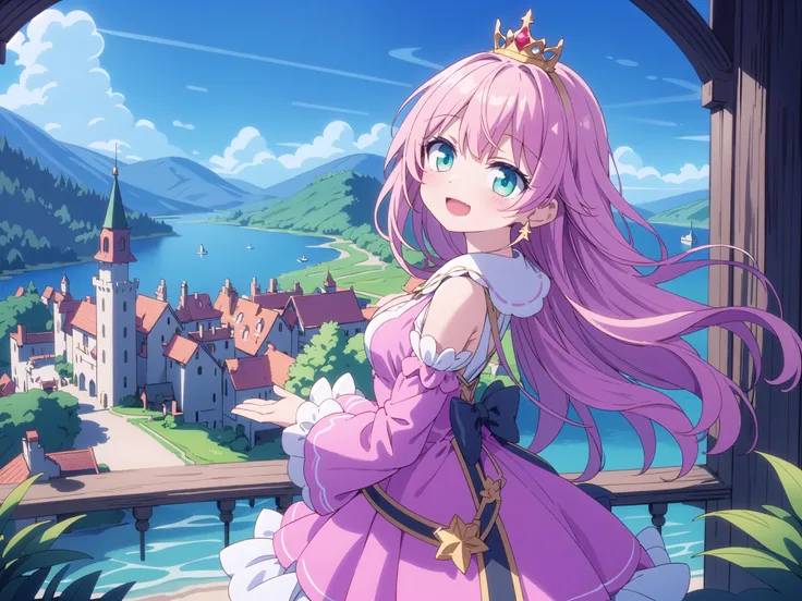 insanely detailed, absurdres, ultra-highres, ultra-detailed, best quality,
1 girl, solo, nice hands, perfect hands,
BREAK,
(wearing princess dress), teara,
happy smile, laugh, open mouth,
standing,
from side, cowboy shot, looking at viewer,
BREAK,
slender, kawaii, perfect symmetrical face, ultra cute girl, ultra cute face, ultra detailed eyes, ultra detailed hair, ultra cute, ultra beautiful,
BREAK,
fantasy world, (castle in background, lake:1.3), (very wide, panorama view, sense of depth, magnificent view:1.3)
BREAK,
princess girl, pink hair, green eyes, medium breasts
