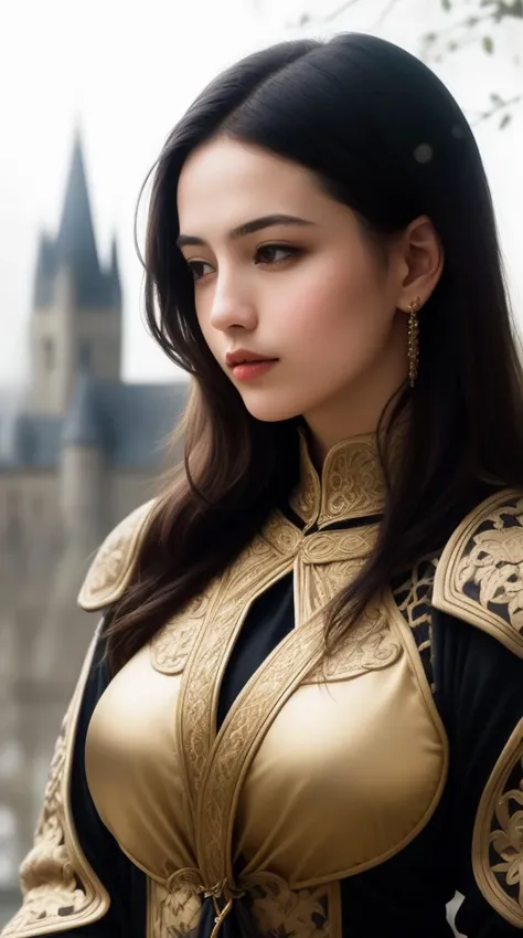 (best quality, masterpiece, colorful, highest detailed),(photorealistic:1.2),raw photo,upper body photo,fashion photography of cute (cute portrait of a Romanian-girl),perfect bobbed black hair,in high detailed medieval gold armor,complex openwork pattern,metal gold reflections,high detailed chainmail,upper body,outdoors,professional photograph,award winning photography,(ultra-detailed body),(light smile:0.3),softlight passing through hair,(far away castle background),(Sharp focus),(dynamic angle),exposure blend,bokeh,dim light,(hdr:1.4),high contrast,(muted colors, dim colors, soothing tones:1.3),low saturation,morbid(extremely intricate:1.3),<lora:epi_noiseoffset2:0.8>,<lora:more_details:0.8>,