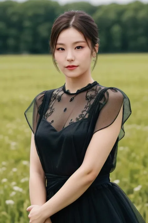 hyj1, a woman, (realistic), (hyperrealism), (photorealistic), depth of field, eye makeup:0.8, (upper body:1.2), (narrow waist), looking at the viewer, black dress, at the field,  <lora:httpyeji:0.45>