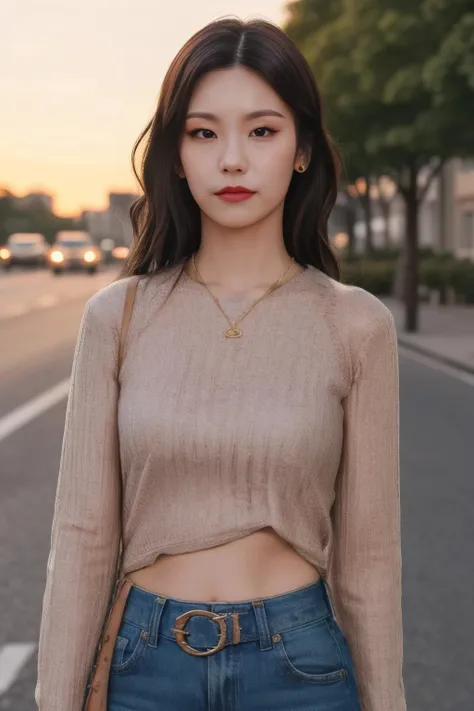 hyj1 a woman, (realistic), (hyperrealism), (photorealistic), depth of field, adult, (upper body:1.2), (narrow waist), eye makeup, looking at the viewer, posing for a photo, longsleeves, golden hour, sunset, at the street, trees, <lora:httpyeji:1:lbw=FACES>