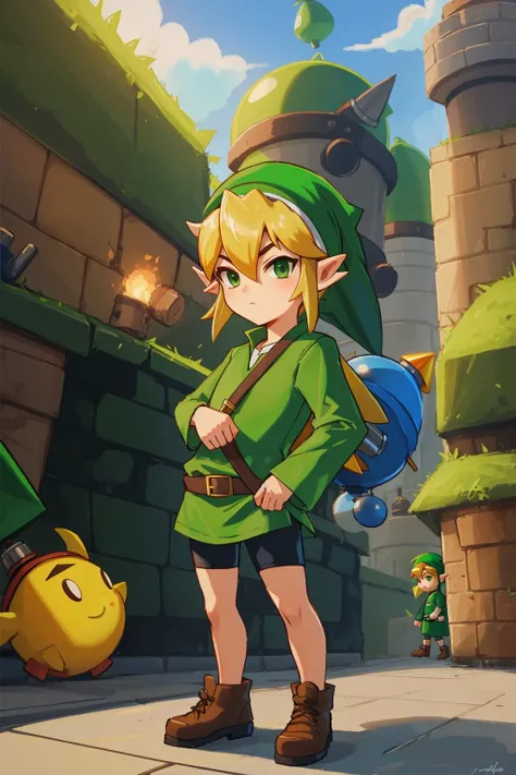 man, adult, toon link, green headwear, bomb, <lora:t00nl1nk-V1:1>