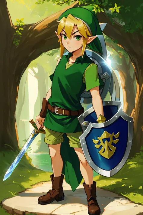 man, adult, toon link, green headwear, shield, sword, <lora:t00nl1nk-V1:1>