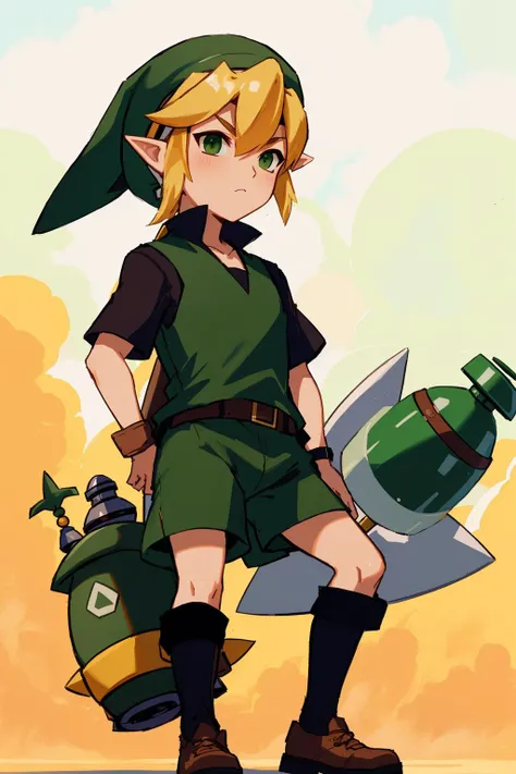 man, adult, toon link, green headwear, bomb, <lora:t00nl1nk-V1:1>