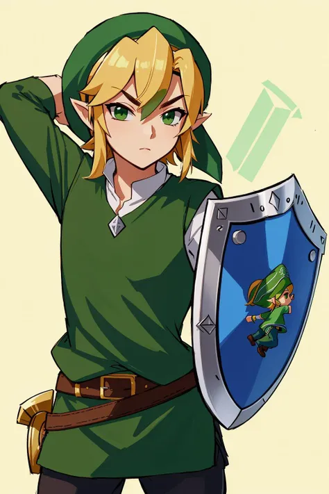 man, adult, toon link, green headwear, shield, sword, <lora:t00nl1nk-V1:1>