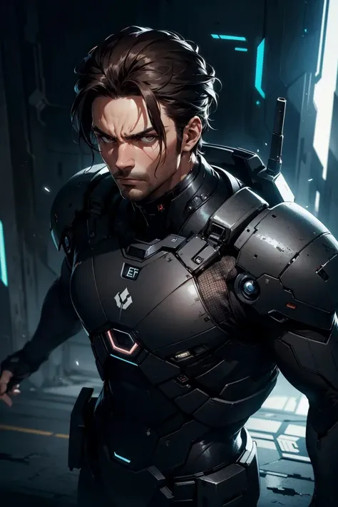 detailed face, perfect face, perfect eyes, realistic eyes, perfect fingers, handsome man, full body portrait, dark brown eyes, dark brown hair, stern look, serious, power pose, cinematic angle, stoic, sci-fi, futuristic dark city background, highly detailed, toned,