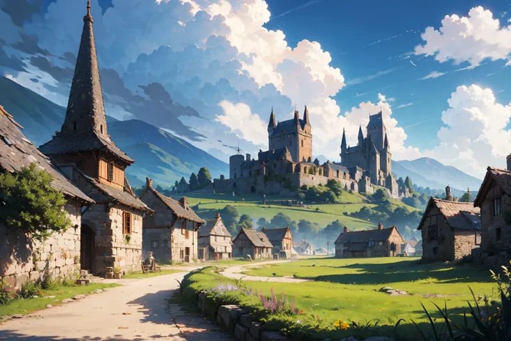 village, fantasy, dungeons and dragons, sunny weather, clouds, landscape