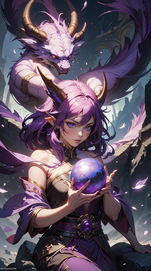 woman focus, a woman in a costume sitting on a rock holding a purple shining ball in her hand, horns, magician, Art of Brom, magic the gathering artwork, concept art, fantasy art, <lora:ChineseDragon_v02:0.4> chinesedragon, concept art, upper body, miko, particles, petals, facing viewer
