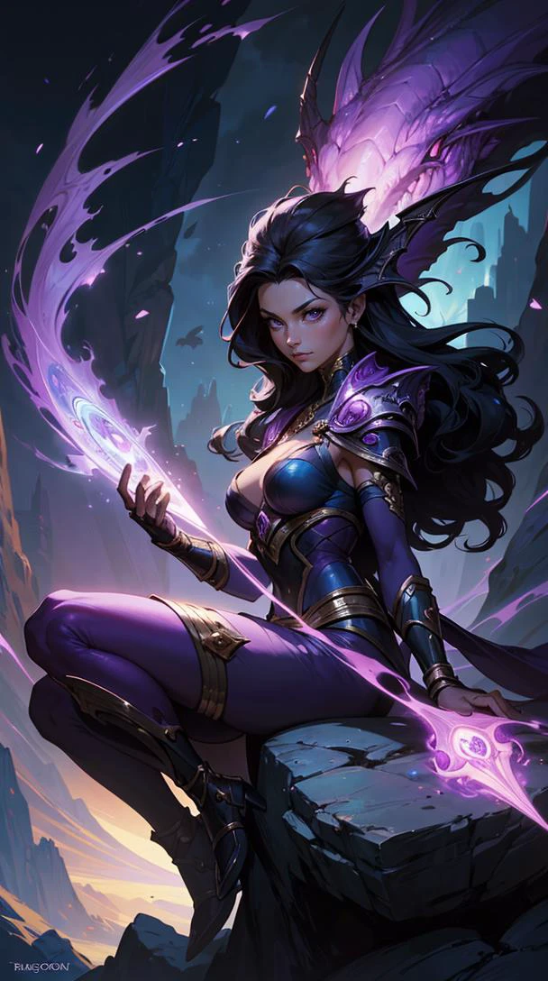 a woman in a costume sitting on a rock holding a purple object in her hand and a purple light in her hand, Art of Brom, magic the gathering artwork, concept art, fantasy art, dragon head floating behind her looking at viewer