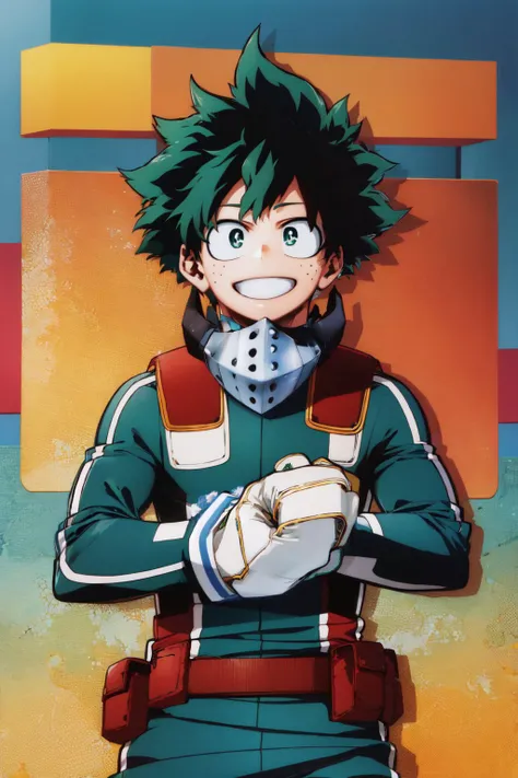 (masterpiece, best quality:1.2), <lora:style_horikoshi_kouhei-20:1>, <lora:mha_midoriya-10:1>, cowboy shot, solo, male focus, 1boy, midoriya izuku, grin, looking at viewer, short green hair, green eyes, green bodysuit, white gloves