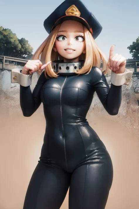 (masterpiece, best quality:1.2), <lora:style_horikoshi_kouhei-20:1>, <lora:mha_utsushimi-10:1>, cowboy shot, solo, 1girl, utsushimi kemii, smile, looking at viewer, hat, black bodysuit