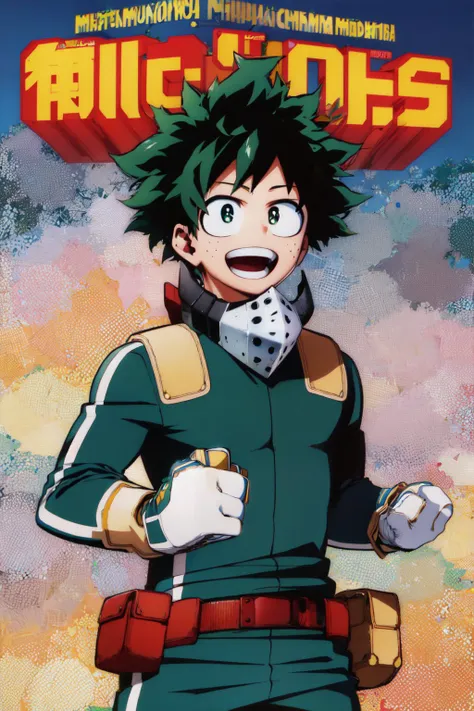 (masterpiece, best quality:1.2), <lora:style_horikoshi_kouhei-20:1>, <lora:mha_midoriya-10:1>, cowboy shot, solo, male focus, 1boy, midoriya izuku, \:d, looking at viewer, teeth, short green hair, green eyes, green bodysuit, white gloves